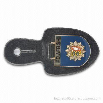 Leather Keychain with Silkscreen Print and Epoxy Covered Emblem